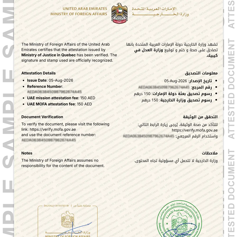 Sample Canada attested certificate for certificate attestation in Dubai