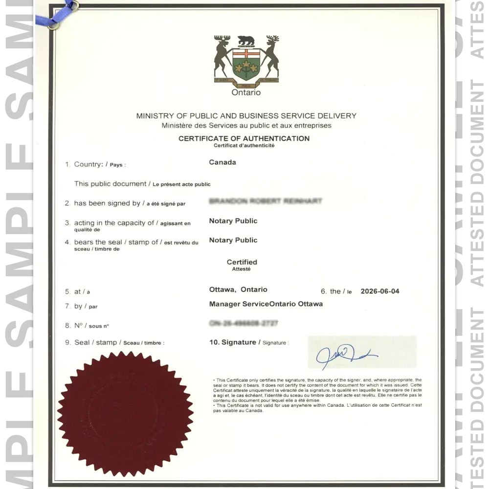 Sample Canada attested certificate for certificate attestation in UAE