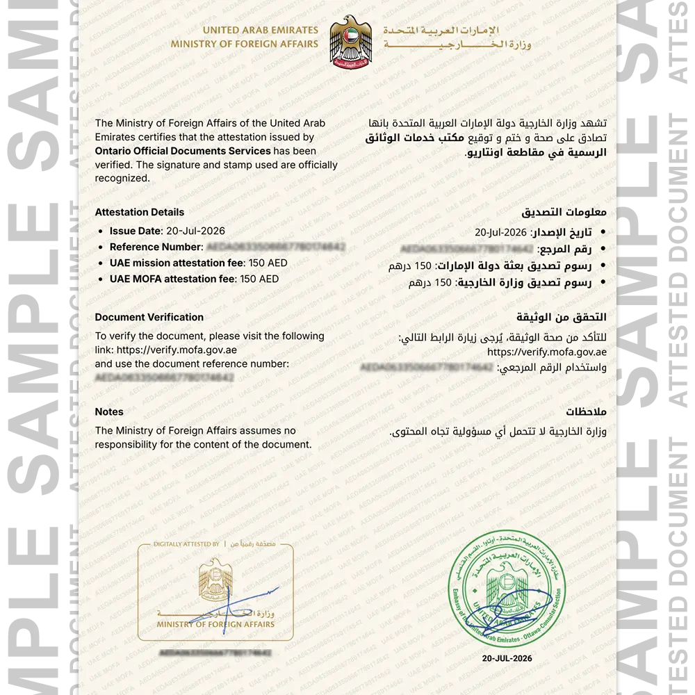 Sample Canada attested document for document attestation in UAE
