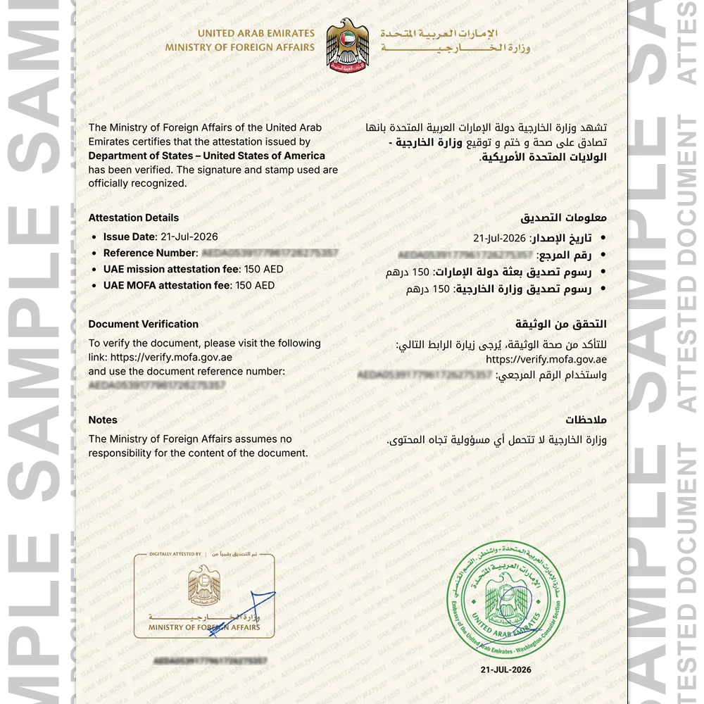 Sample USA attested certificate for certificate attestation in UAE