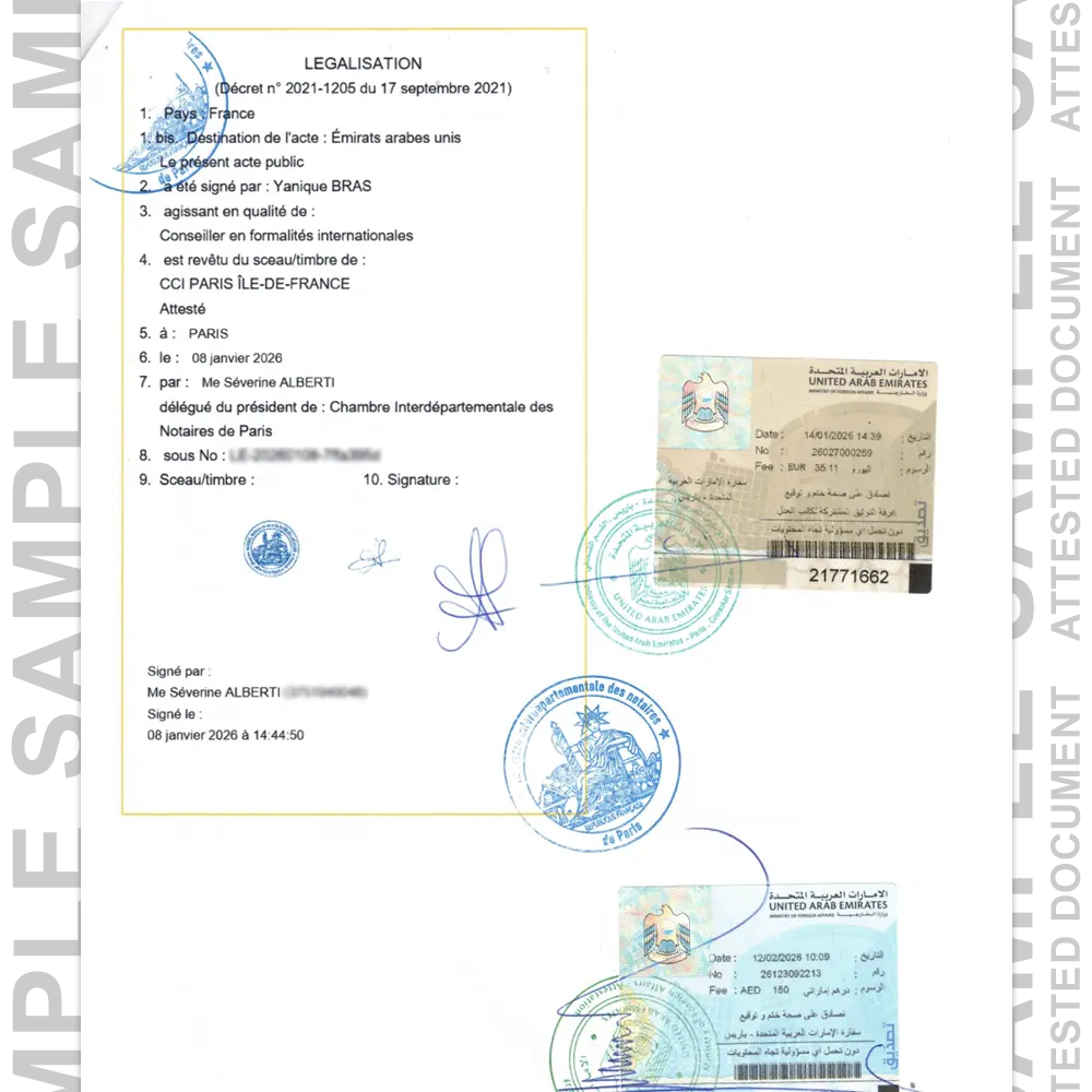 Sample France attested document for attestation services in UAE