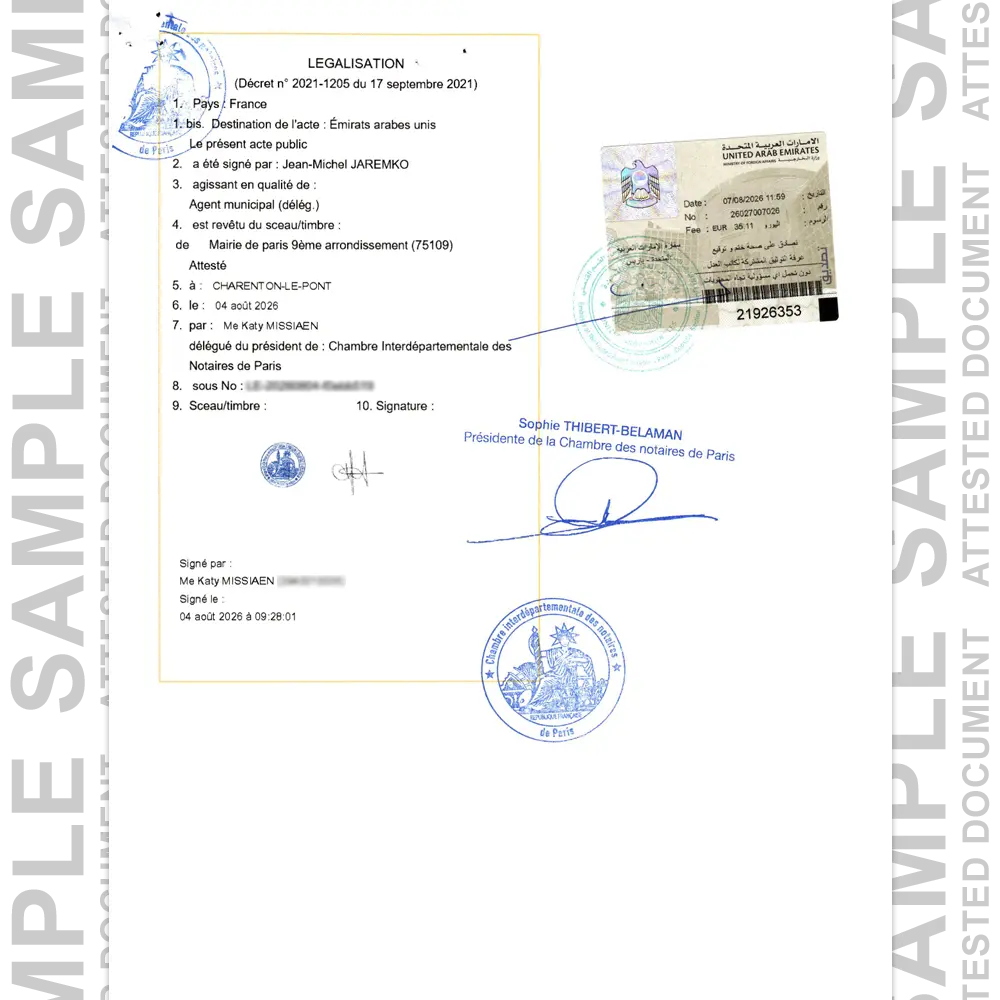 Sample France attested document for document attestation in UAE