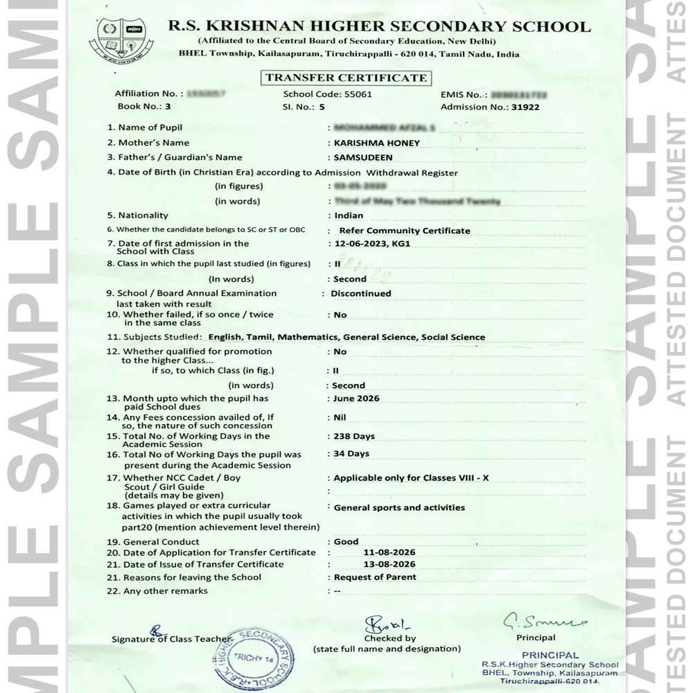 Sample Indian attested certificate for certificate attestation in UAE