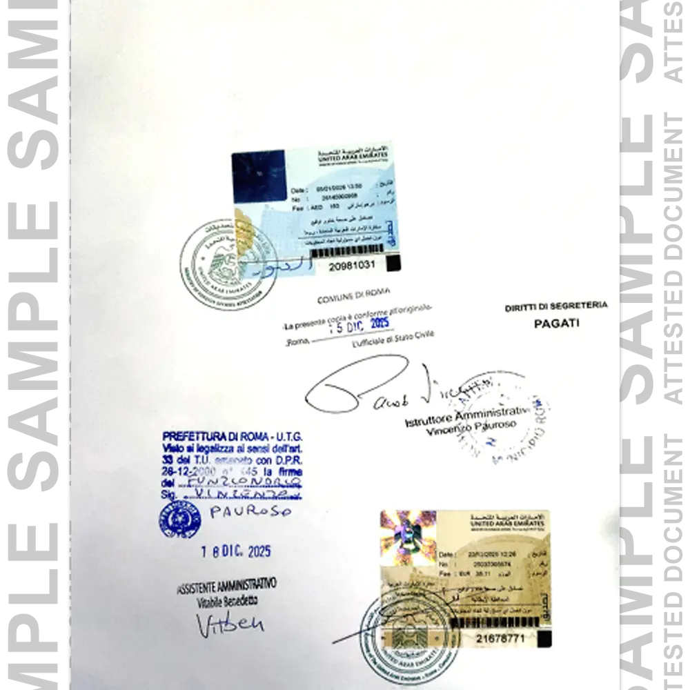 Sample Italy attested certificate for certificate attestation in UAE