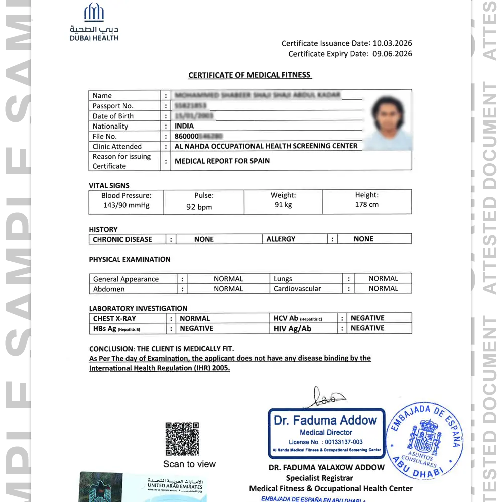 Medical certificate attestation sample for Dubai