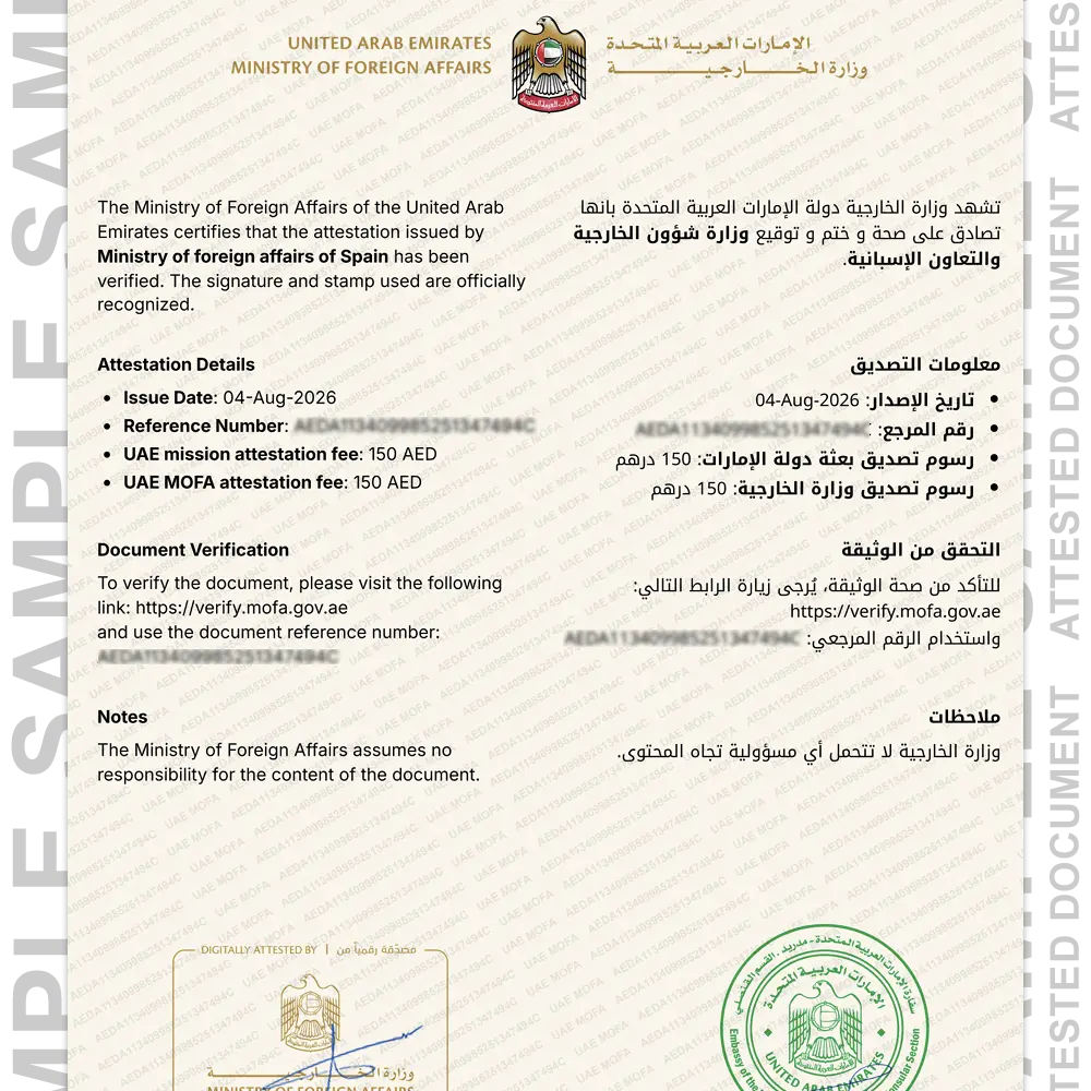 Sample Spain attested document for document attestation in UAE