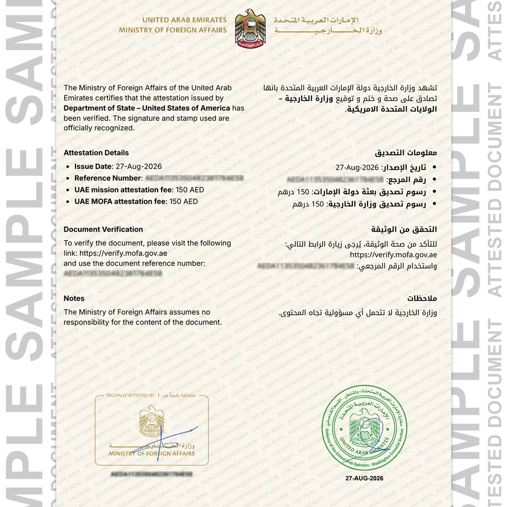 Sample US attested certificate for certificate attestation in Dubai