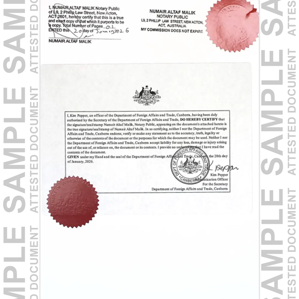Sample Australia attested document for document attestation in UAE