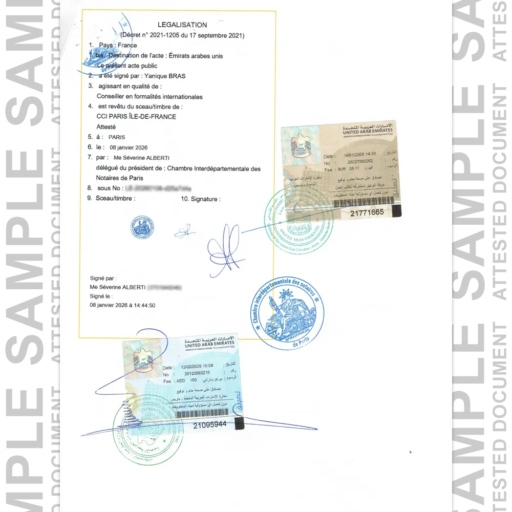 Sample France attested certificate for certificate attestation in UAE