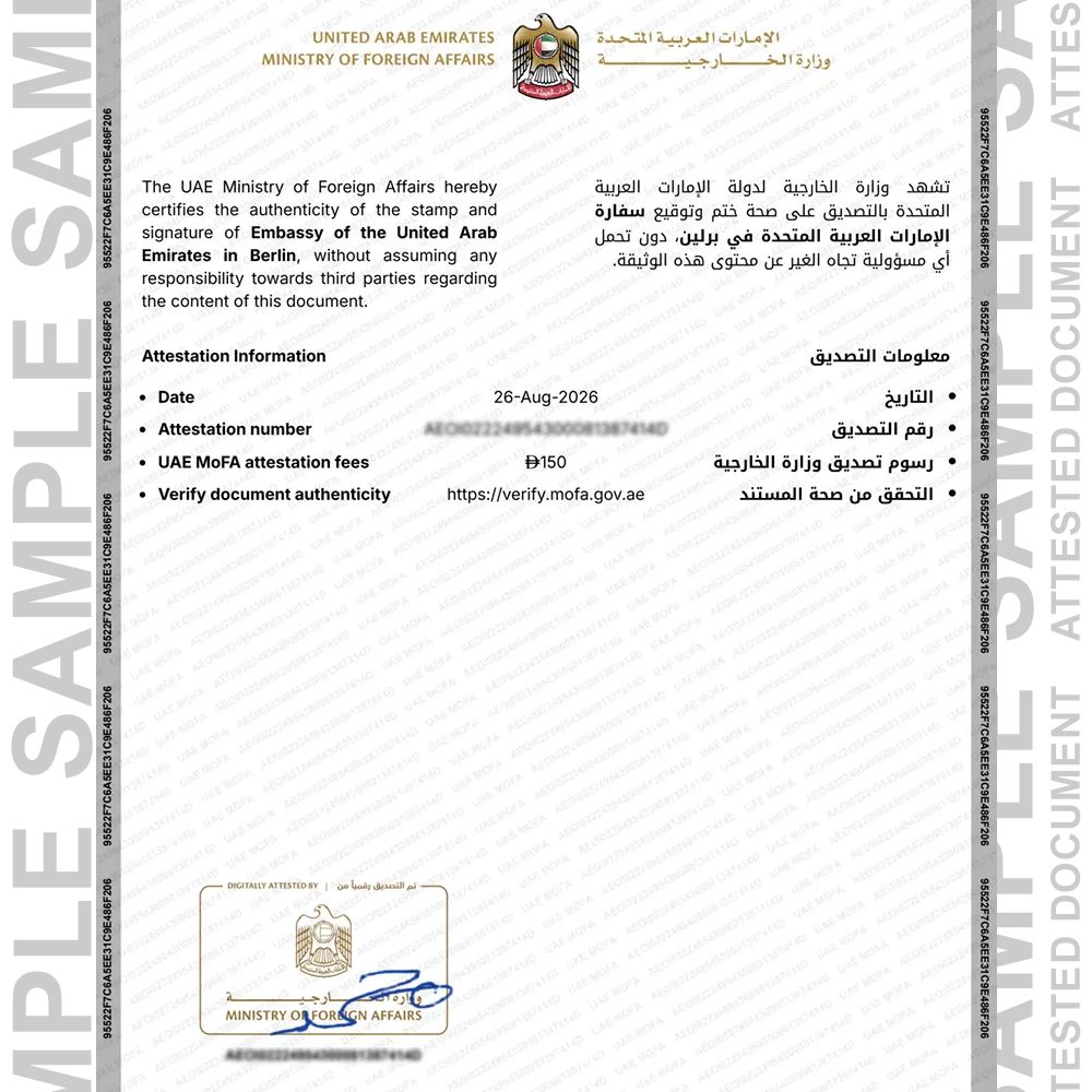 Sample Germany attested certificate for certificate attestation in UAE