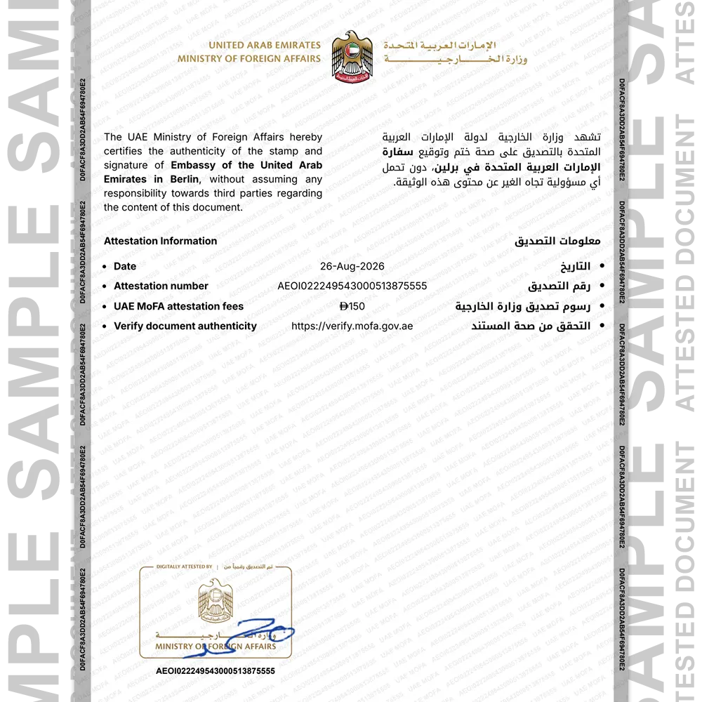 Sample Germany attested document for document attestation in UAE
